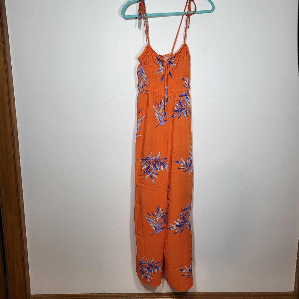 🌺 FOREVER 21 Wide Leg Jumpsuit | Bright Orange with Tropical Flowers | size M